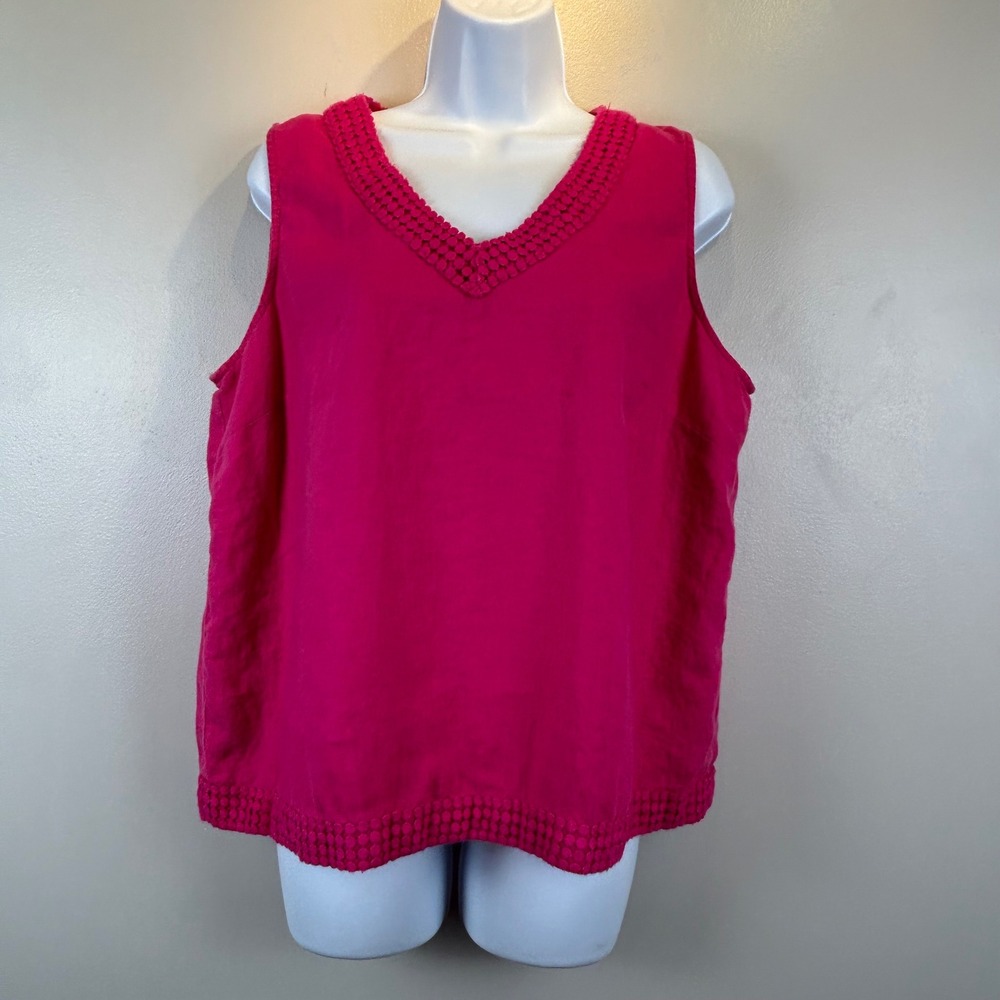Liz Claiborne New York Pink 100% Linen V-Neck Sleeveless Shell Top Sz L